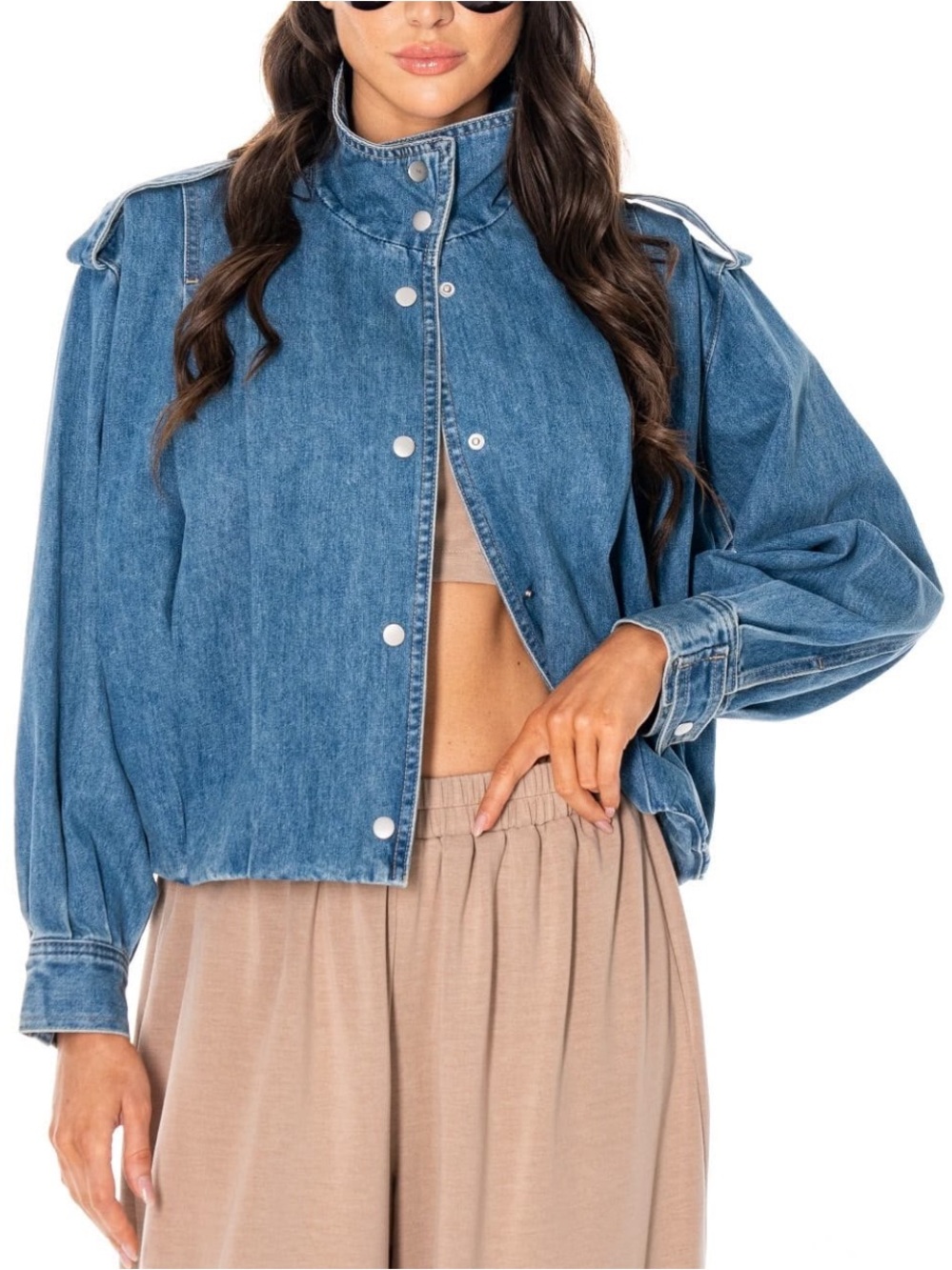 High Neck Cropped Button-Front Denim Jacket